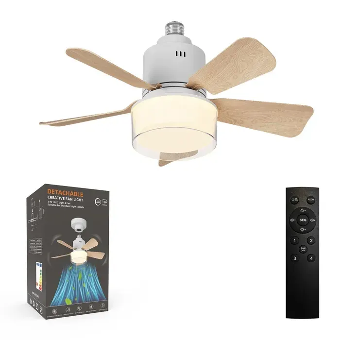 Ventilateur de Plafond à Douille E27 45 cm Bois 24W Dimmable 3000K-6500K 4 Vitesses Télécommande+APP – 2-en-1
