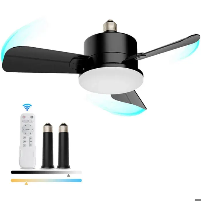 Ventilateur de plafond à douille E27 avec télécommande et 2 rallonges lumières intégrées intensité variable 6 vitesses de vent