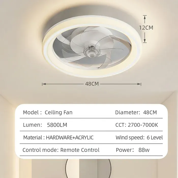 Ventilateur de Plafond à LED 48cm Moderne Rond Ventilateurs de Plafond avec Télécommande 3 Températures De Couleur 6 Vitesses