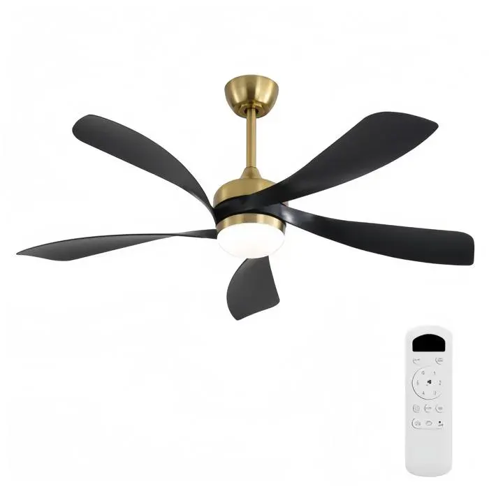 Ventilateur de plafond à LED 52 pouces 3 températures de couleur moteur à courant continu réversible 5 pales en ABS noir