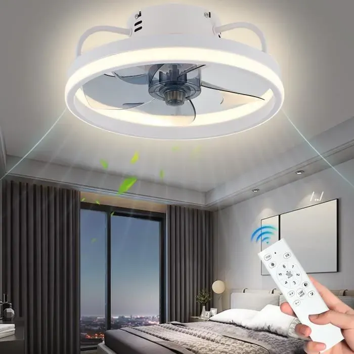 Ventilateur de Plafond à LED 55W 6 Vitesses 3 Couleur avec Télécommande APP Contrôle Silencieux Ventilateur Plafonnier 33cm Blanc