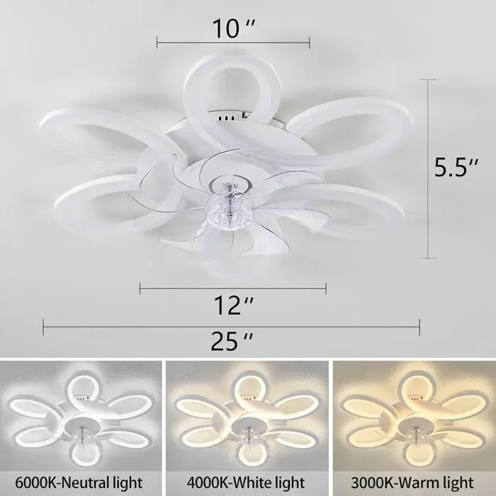 Ventilateur de plafond à LED 6 Vitesse Fan Silencieux avec Dimmable Eclairage 3 Couleurs 25 pouces avec led et télécommande Blanc