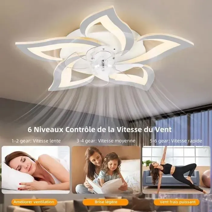 Ventilateur de plafond à LED 6 Vitesse Fan Silencieux avec Dimmable Eclairage 3 Couleurs avec télécommande et APP Plafonnier LED