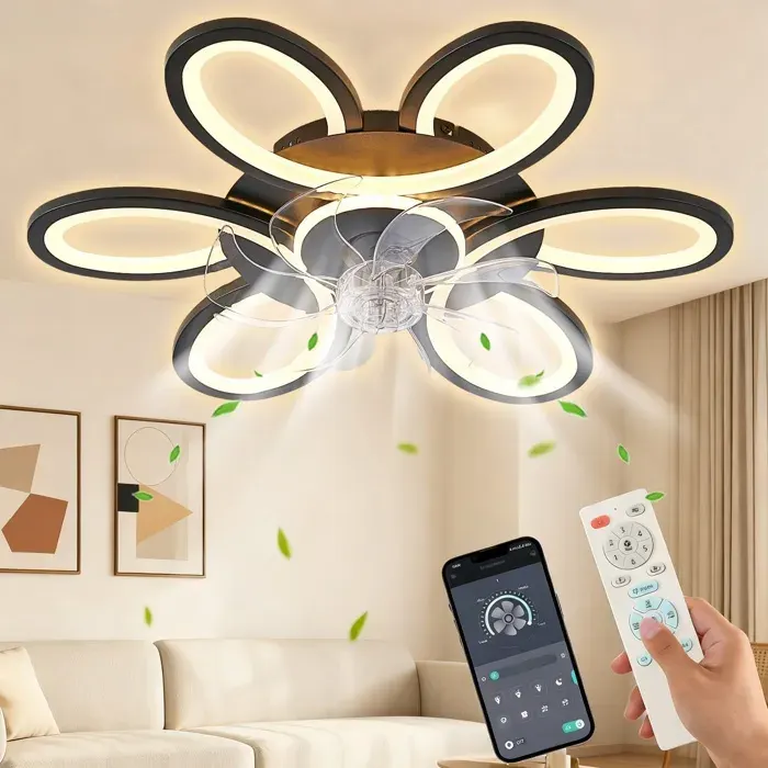 Ventilateur de plafond à LED 6 Vitesse Fan Silencieux avec Dimmable Eclairage 3 Couleurs -Ventilateur télécommande 25 pouces Noir