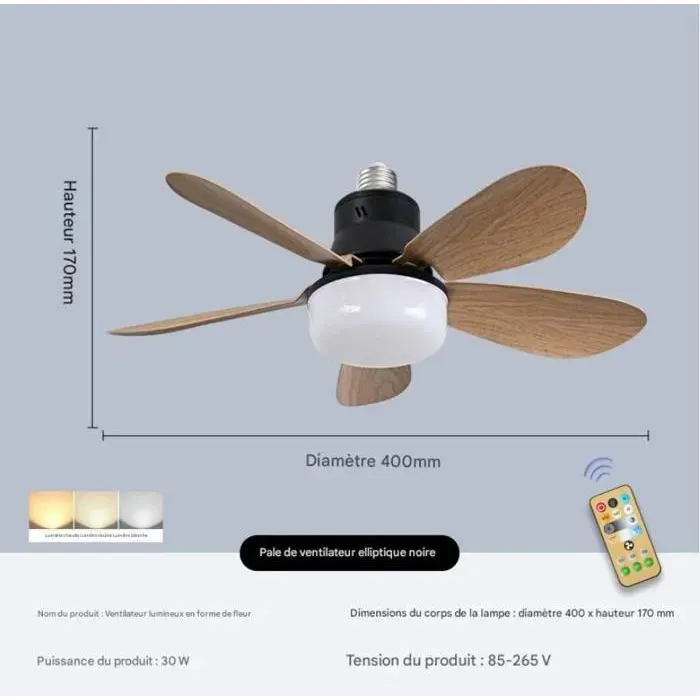 Ventilateur de plafond à pales ovales en bois avec douille à vis E27 silencieux 30 W - Noir Multicolore VENTILATEUR DE PLAFOND
