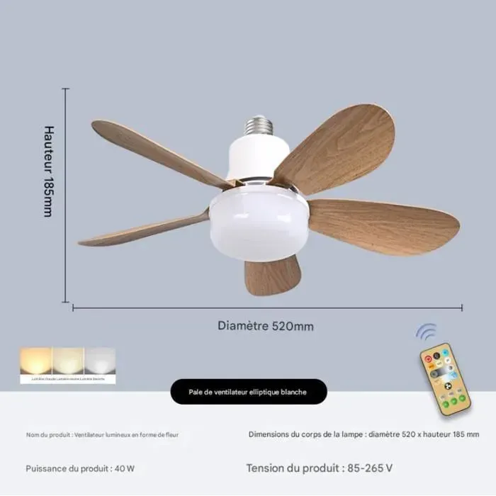 Ventilateur de plafond à pales ovales en bois avec douille à vis E27 silencieux 40 W - Blanc Multicolore VENTILATEUR DE PLAFOND