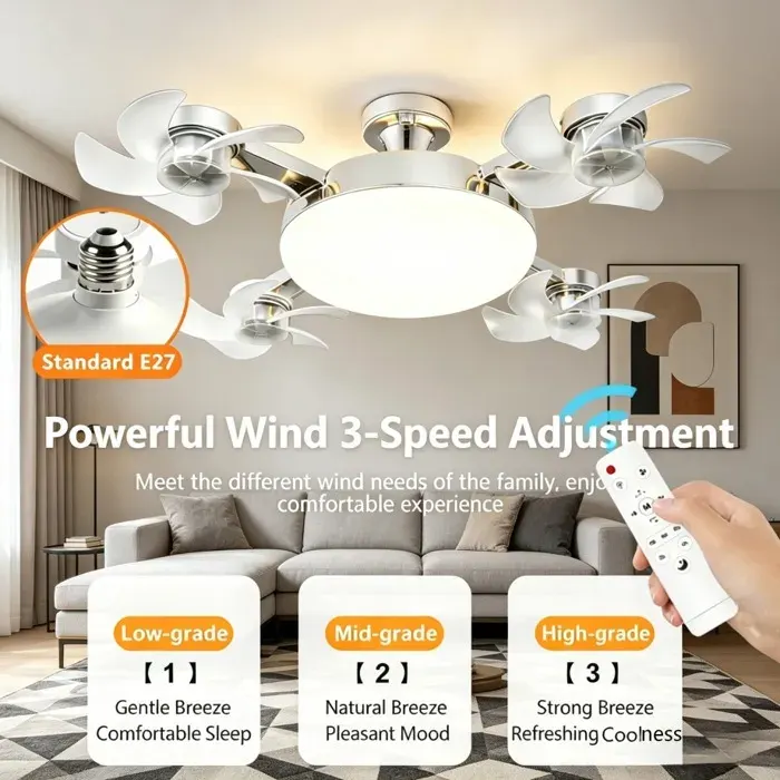 Ventilateur de plafond avec ampoule E27 3/4 pales 2 en 1 design drone pour maison chambre VENTILATEUR DE PLAFOND