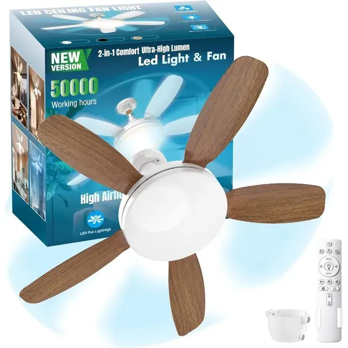 Ventilateur de plafond avec éclaira intégré (culot E26/E27) moteur réversible 3000 lumens télécommande et variateur de tempéra
