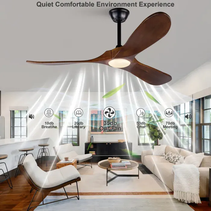 Ventilateur de plafond avec éclairage 3 pales en bois massif 3 températures de couleur 6 vitesses et rotation bidirectionnelle