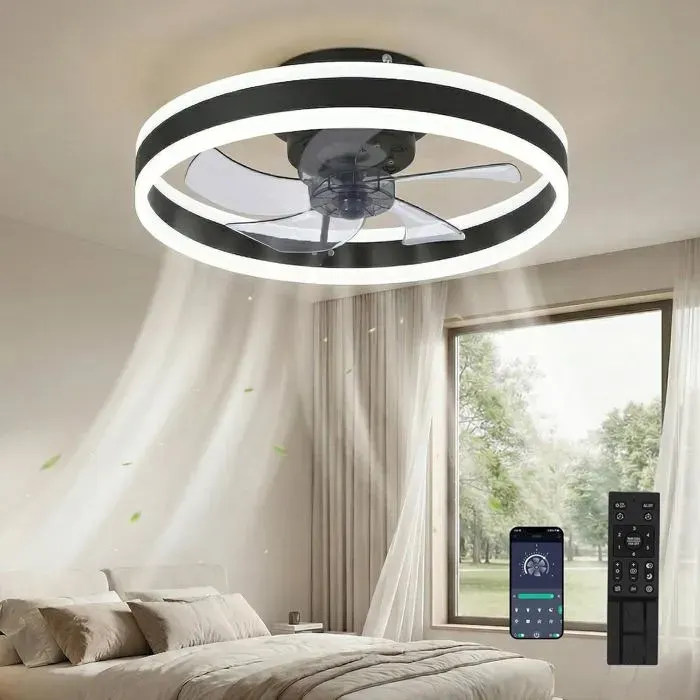 Ventilateur De Plafond Avec Éclairage 3 Températures De Couleur Et 6 VitessesSilencieux Intensité Variable (Noir 50Cm)