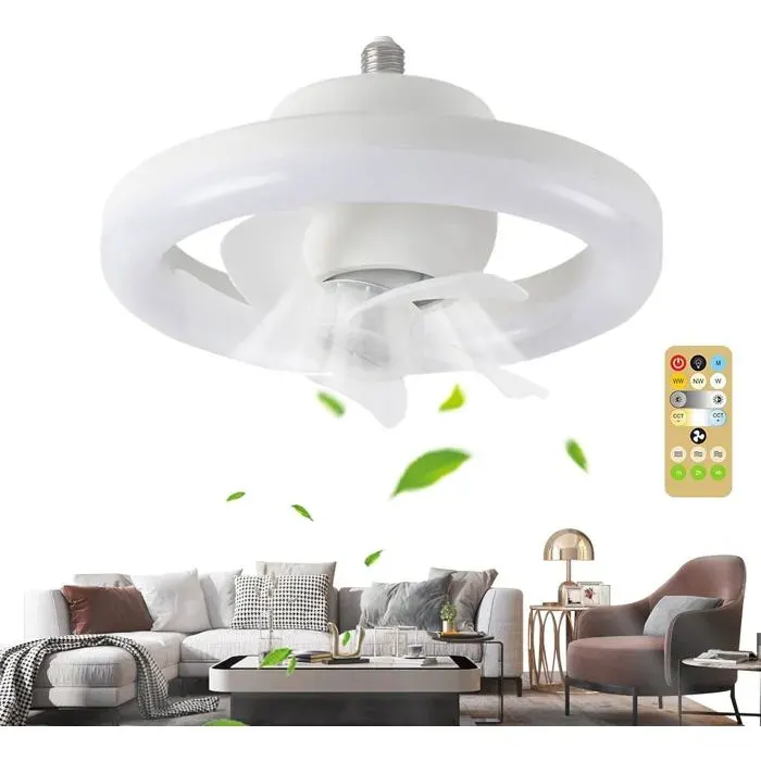 Ventilateur de plafond avec éclairage 3 vitesses de ventilation silencieux rotation à 360° - Culot E27 - Idéal pour la mai