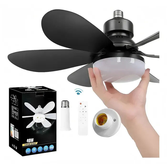Ventilateur de Plafond avec Éclairage 40W 52 cm 6 Pales Noires Tige d’Extension 95 mm Base Incluse Ventilateur PlafondNoir