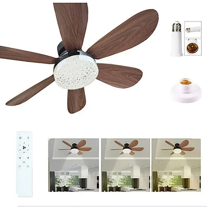 Ventilateur de Plafond avec Éclairage 40W 52 cm6 Pales Aspect Bois Abat-Jour Cristal Douille E27Télécommande Tige d’Extension