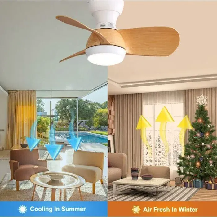 Ventilateur de plafond avec éclairage 58 cm 3 couleurs à intensité variable moteur CC silencieux et télécommande fournie
