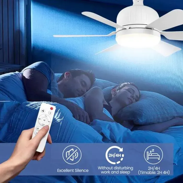 Ventilateur de plafond avec éclairage à intensité variable et télécommande E27 40 W - 6 pales - Variateur tricolore