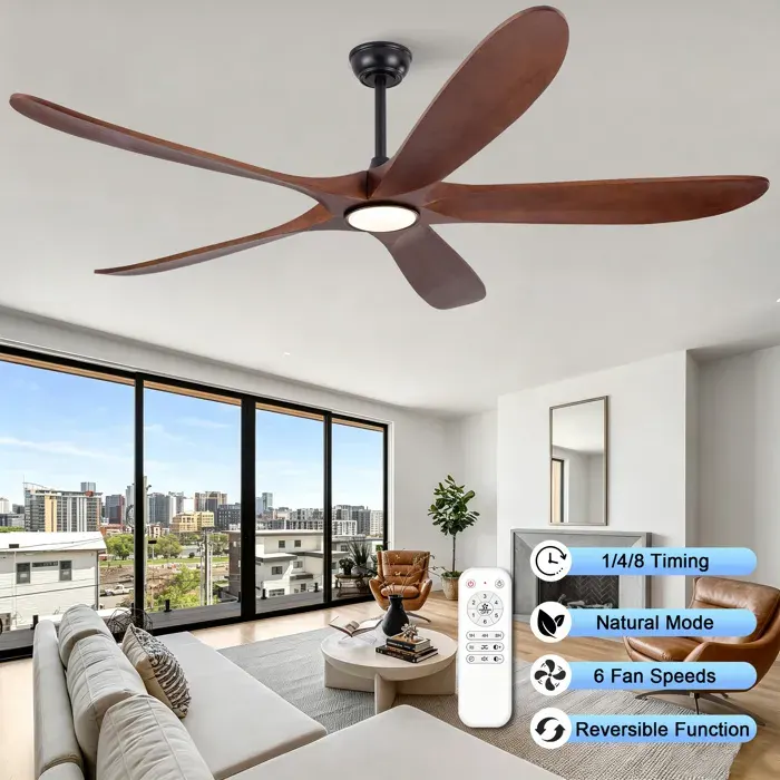 Ventilateur de plafond avec éclairage design ultra-fin 5 pales bois massif noyer foncé intensité lumineuse réglable 6 vitesses