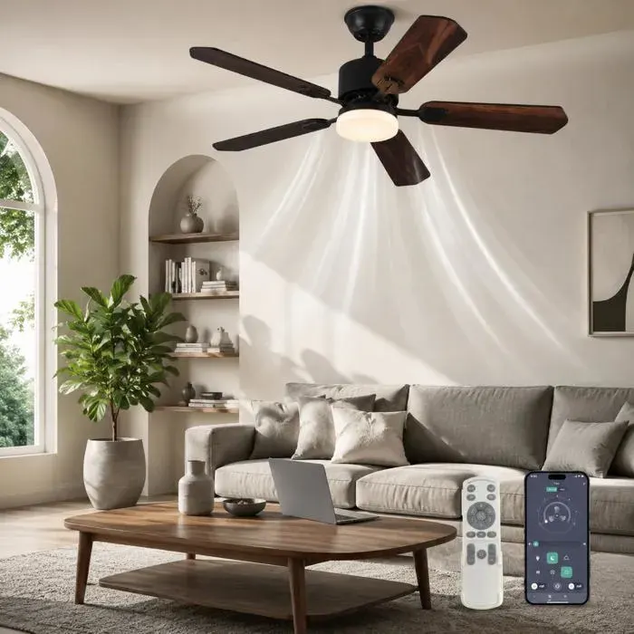 Ventilateur de plafond avec éclairage et télécommande 108 cm 5 pales en bois 3 températures de couleur minuterie Pour chambre