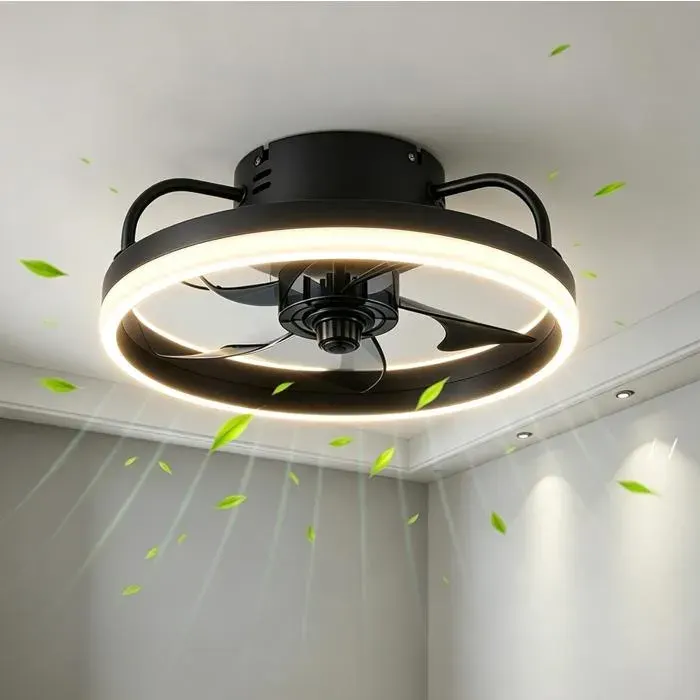 Ventilateur de plafond avec éclairage et télécommande encastré moderne fandelier à 6 vitesses pour chambre à coucher 33cm noir