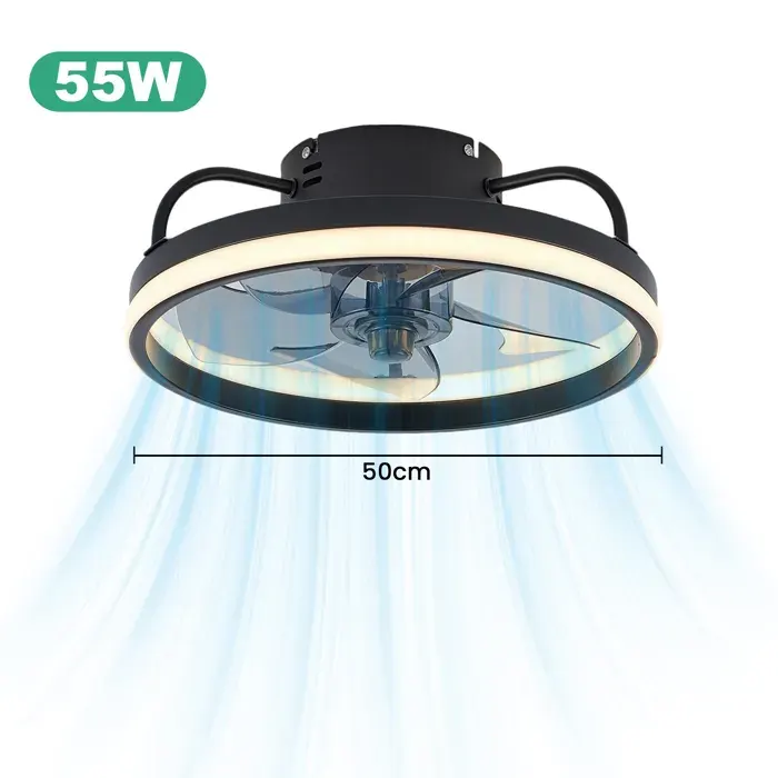 Ventilateur de plafond avec éclairage intégré de 50 cm 4400 lm 55 W 6 vitesses silencieuses et variateur tricolore - noir