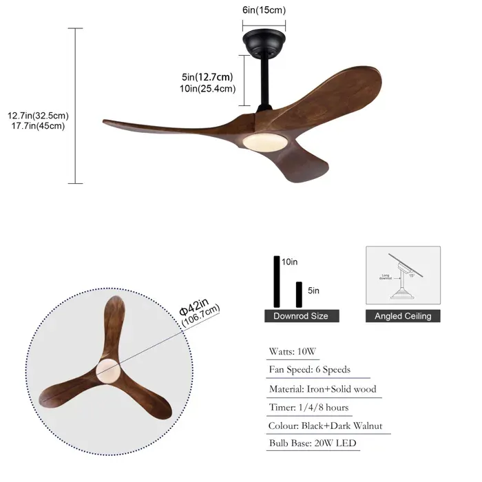 Ventilateur de plafond avec éclairage LED 3CCT télécommande 3 pales en bois 6 vitesses silencieux VEVXYN