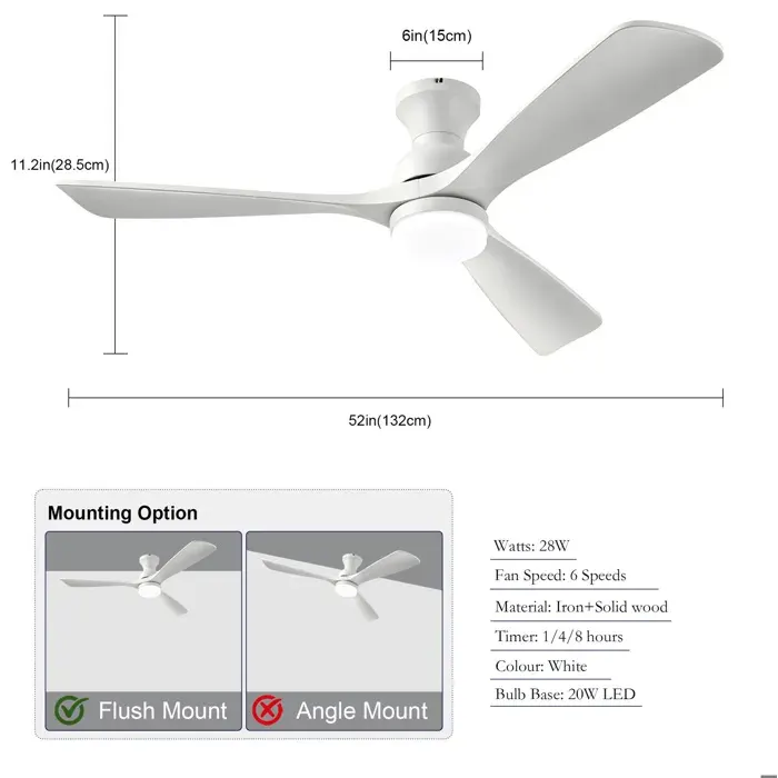 Ventilateur de plafond avec éclairage LED dimmable télécommande 3 pales bois 6 vitesses réversible blanc ORVRYN