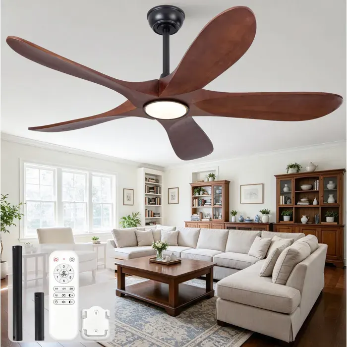 Ventilateur de plafond avec éclairage LED et télécommande EVRYAE 52 pouces 5 pales 6 vitesses noir et noyer foncé
