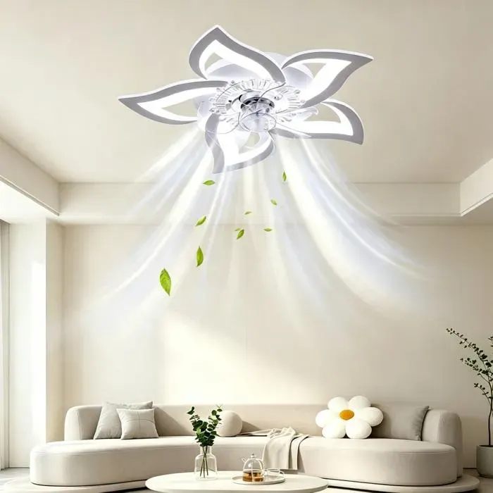 Ventilateur de plafond avec éclairage pour chambre contrôle par APP - Design floral - 6 vitesses - lumière 3 couleurs - 50W - Blanc