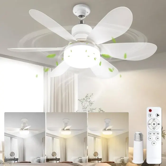 Ventilateur de plafond avec lampe douille et télécommande – 50 cm (20 pouces) – Fixation par vis – Éclairage à intensité variabl...