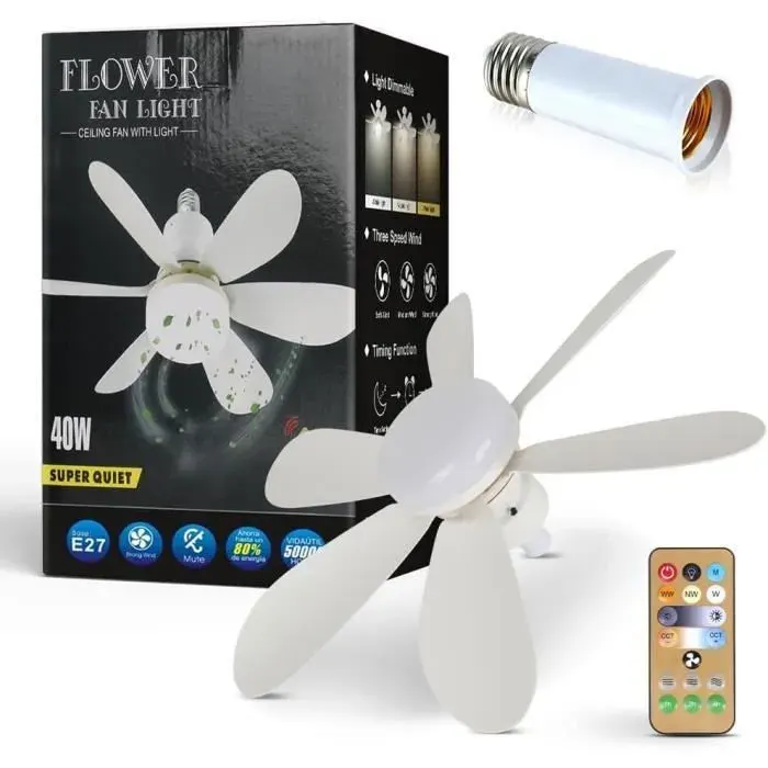 Ventilateur De Plafond Avec Lampe E27 Tête Dimmable Socle Ventilateur Plafond Lumiere Avec Télécommande 3 multicolore VENTILATEUR