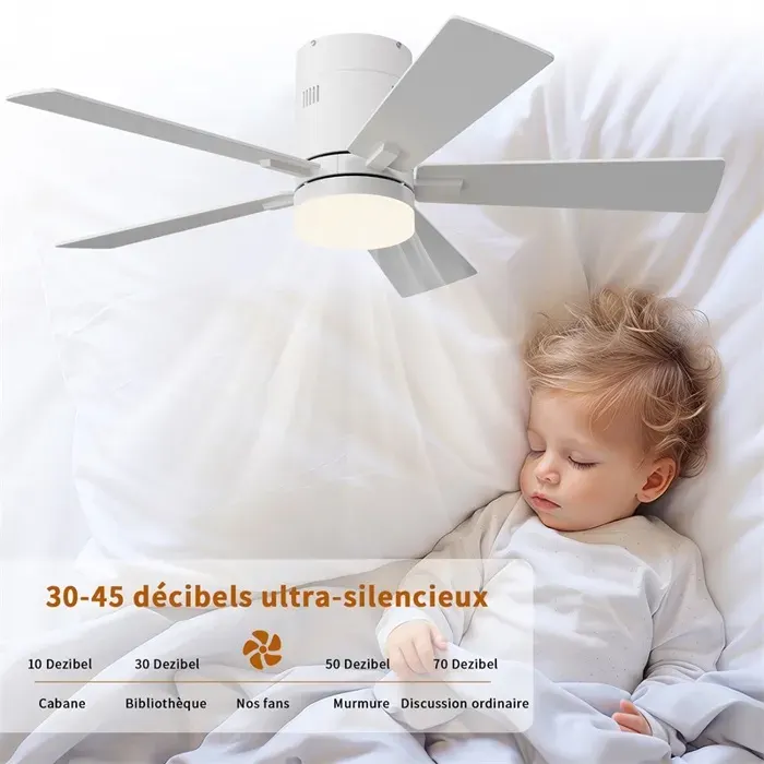 Ventilateur de Plafond avec Lampe LED - 42 Pouces - 5 Pales Moteur DC Réversible Silencieux Télécommande - Blanc