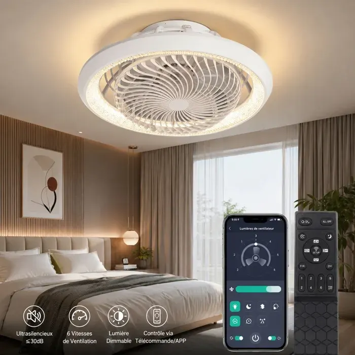 Ventilateur de Plafond avec Lampe LED Orientable 360° - Blanc - 49cm - APP/Télécommande - 6 Vitesses - Silencieux