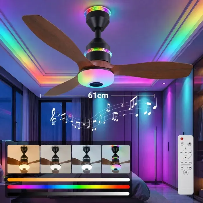 Ventilateur de Plafond avec Lampe LED RGB Musique Bluetooth Silencieux 3 Vitesses Télécommande Noyer