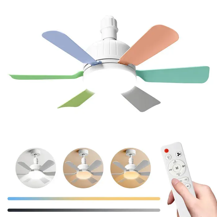 Ventilateur de plafond avec lampe ventilateur avec télécommande pour Cuisine Chambre Salon Six pales 3 vitesses Culot E27 40 W