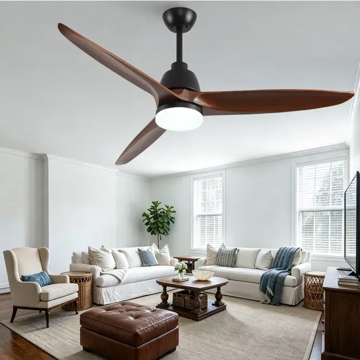 Ventilateur de plafond avec LED 6 vitesses réversibles télécommande 3 pales en métal et bois noyer noir 142 × 142 × 355 cm