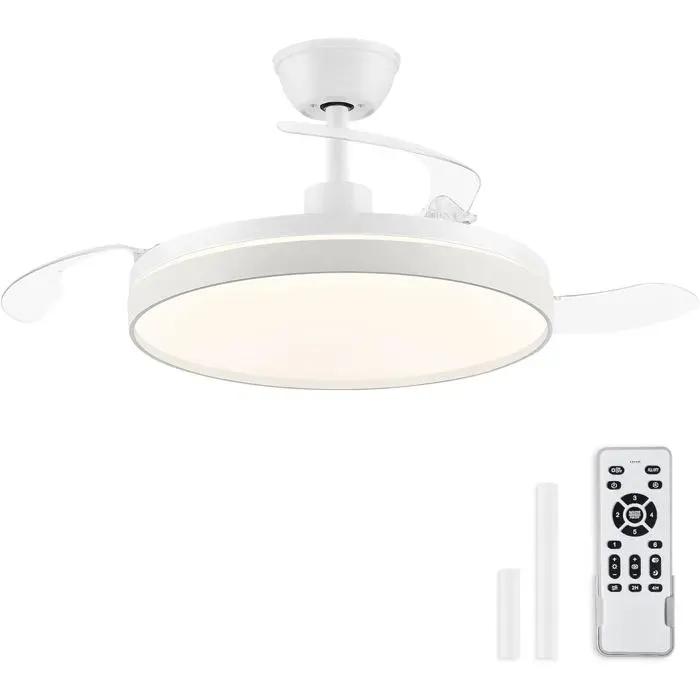 Ventilateur De Plafond Avec Lumière 106 Cm Pales Rétractables Invisibles Cct 3000K–6500K Fonction Été & Hiver Moteur Dc 30 W + — coloris Blanche