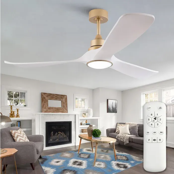 Ventilateur de Plafond avec Lumière 3 Pales ABS Télécommande Moteur DC Réversible Blanc et Doré - UVRION