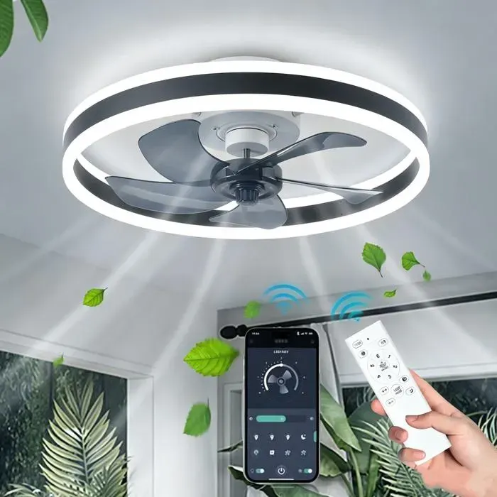 Ventilateur de plafond avec Lumiere - App/Télécommande -6 vitesses Fan Silencieux LED lumière réglable -5 pales feuilles -Minuterie — coloris Noir