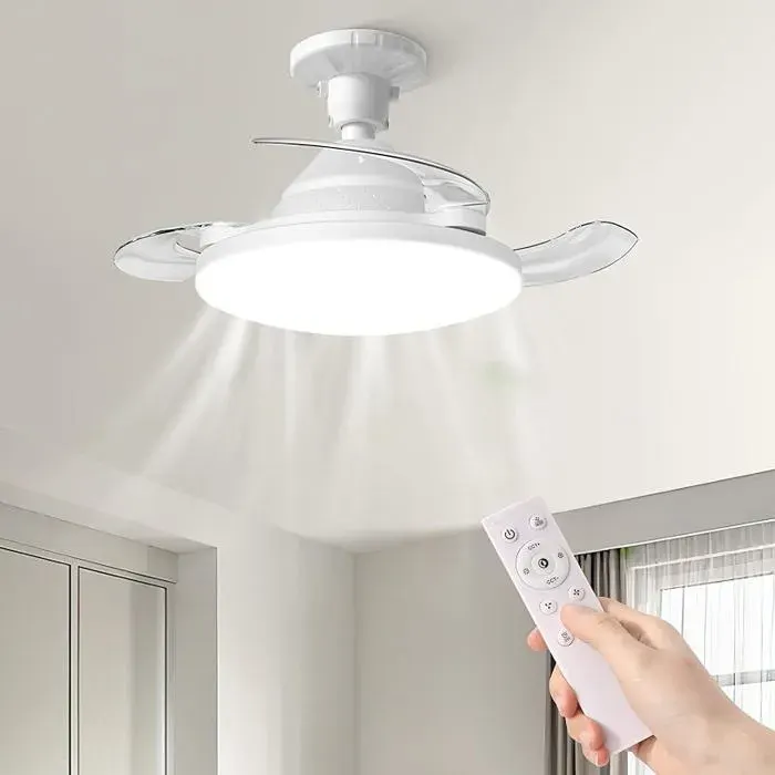 Ventilateur de plafond avec lumière - AUTREMENT - 57c - Pales rétractables - Télécommande/minuterie 2/4h - Moteur silencieux 35 dB