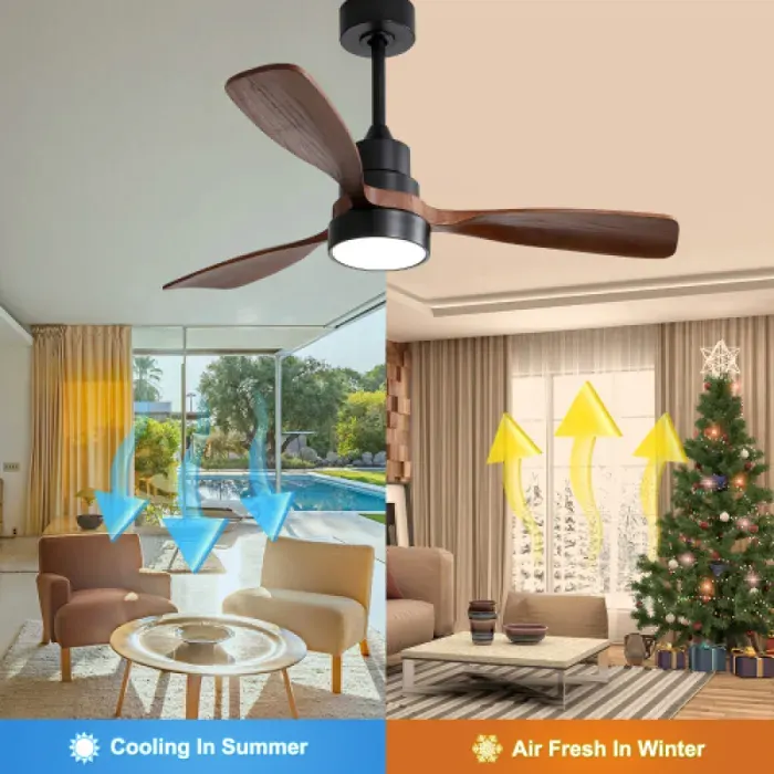 Ventilateur de plafond avec lumière bois 48 pouces 3 pales bois massif télécommande moteur DC réversible économe en énergie