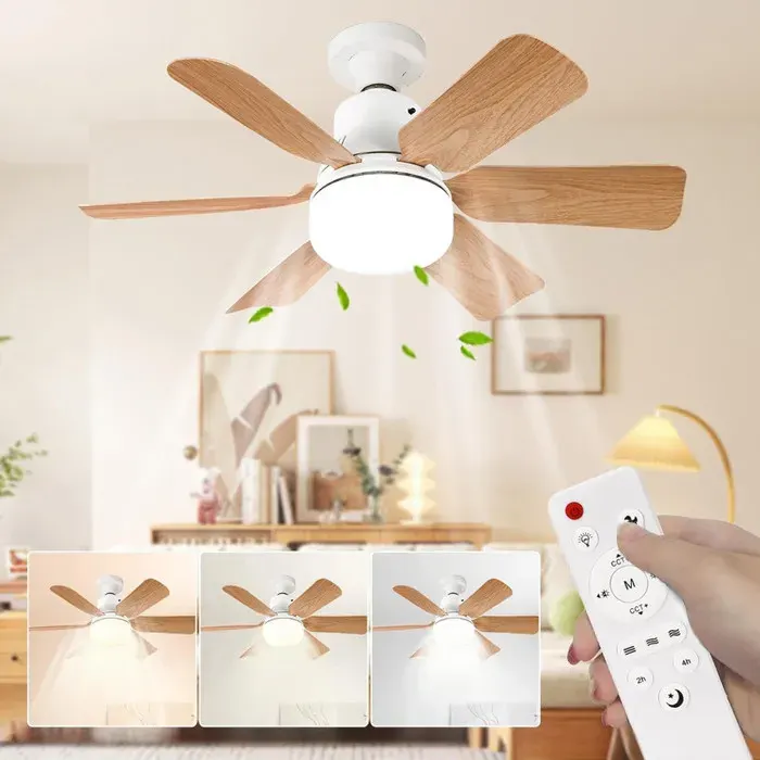 Ventilateur De Plafond Avec Lumiere E27 Télécommandé - Luminaire Ventilateur Plafond 40W 6 Pales Effet Bois LED Réglable 3000-6500K