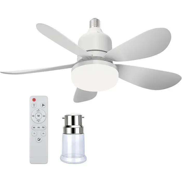 Ventilateur De Plafond Avec Lumiere E27 Télécommandé - Ventilateur Plafond 6 Pales Réglable 40W - 3 Vitesses - Minuterie 2/4H Blanc