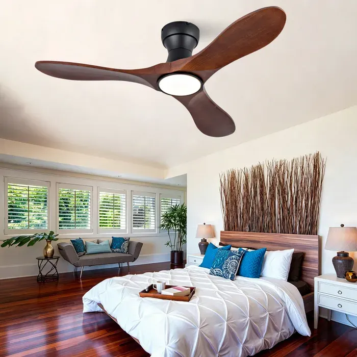 Ventilateur de Plafond avec Lumière et Télécommande 106 cm 3 Pales en Bois Massif Moteur DC Réversible Silencieux 6 Vitesses LED