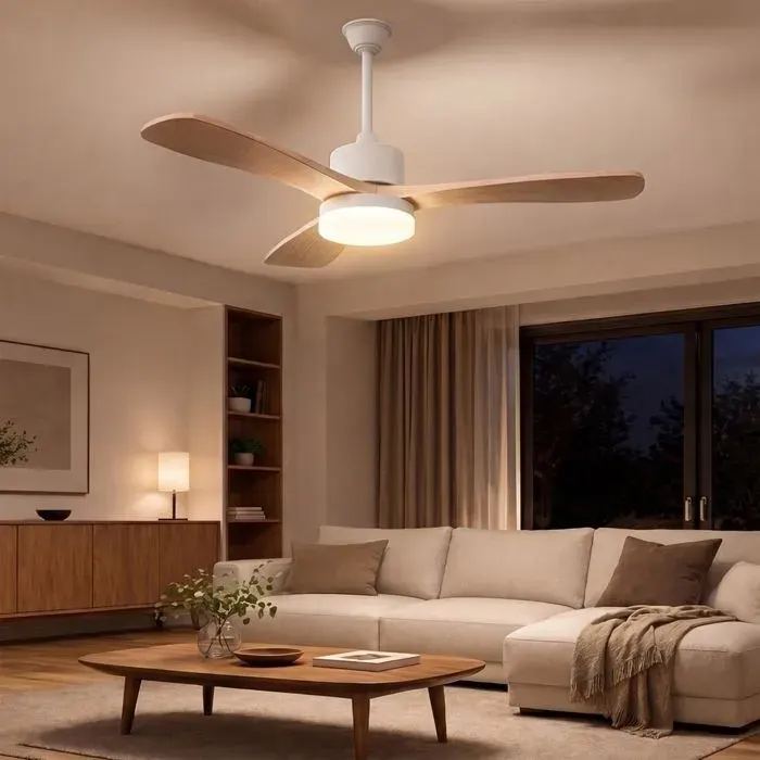 Ventilateur de Plafond avec Lumière et Telecommande 3 Couleurs 3000-6500K 3 Pales en bois massif Réglage de vitesse Couleur bois