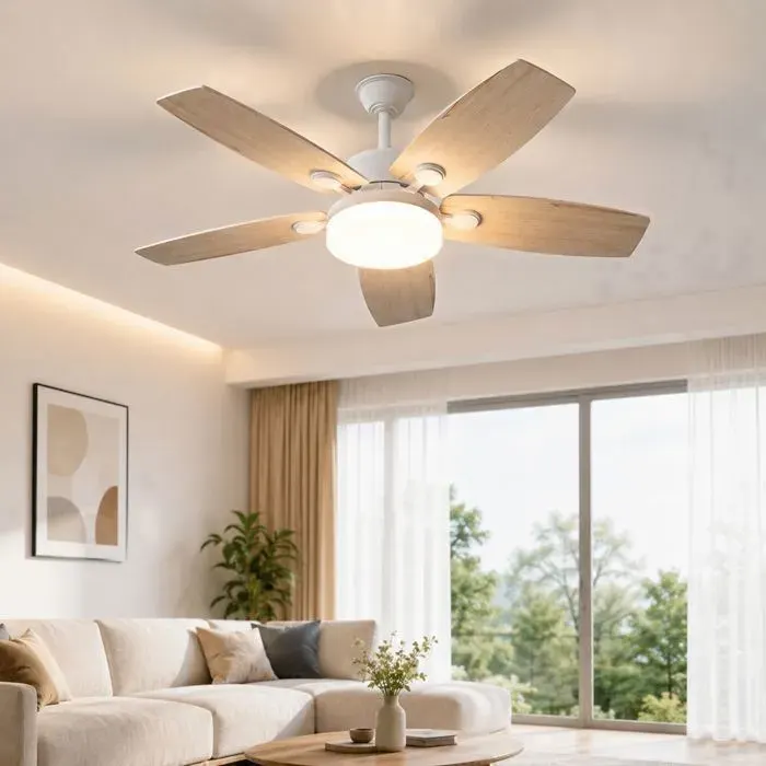 Ventilateur de Plafond avec Lumière et Telecommande 3 Couleurs 3000-6500K Vitesse réglable et minuterie Couleur bois naturel