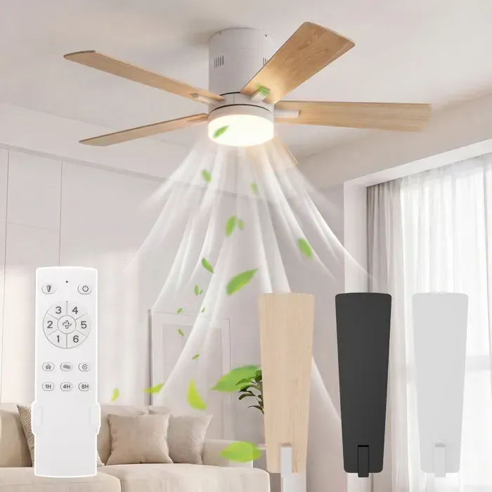 Ventilateur de Plafond avec Lumière et Telecommande 5 Pales 6 Vitesses 42 Pouces Silencieux pour Salon Chambre Coucher