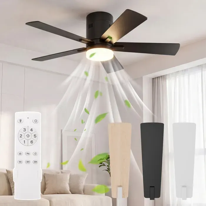 Ventilateur de Plafond avec Lumière et Telecommande 5 Pales 6 Vitesses 42 Pouces Silencieux pour Salon Chambre CoucherNoir