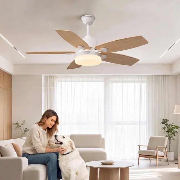 Ventilateur de Plafond avec Lumière et Telecommande 5 Pales6 Vitesses42 Pouces Silencieuxpour SalonChambreCoucherbois naturel