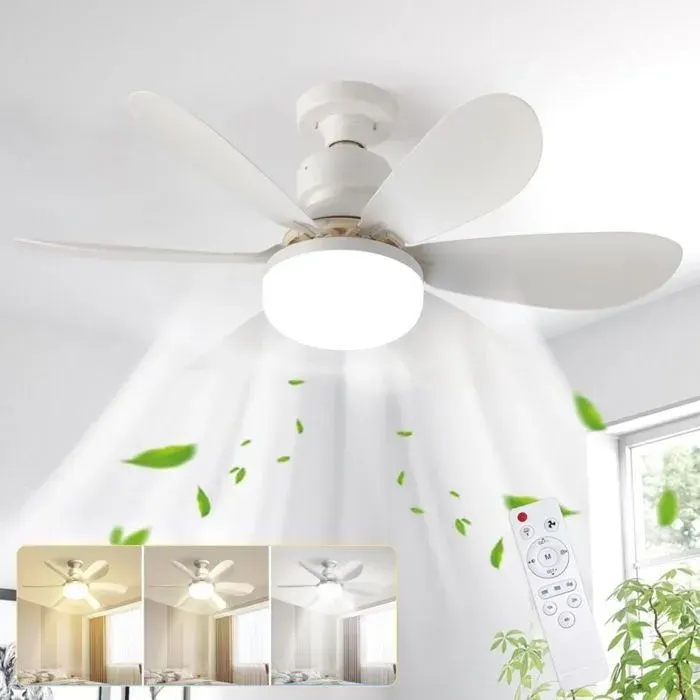 Ventilateur de plafond avec lumière et télécommande 52 cm 40W petit dimmable LED avec douille E27 6 pales 3 vitesses 4pcs