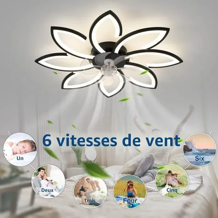 Ventilateur de plafond avec lumière et télécommande 90cm 6 vitesses 3 couleurs ventilateur de plafond encastré noir à profil