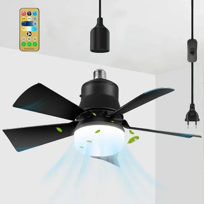 Ventilateur De Plafond Avec Lumière Et Telecommande E27 Plafonnier Ventilateur Avec Prise 5 M De Câble Petit Dimmable Ventilateur